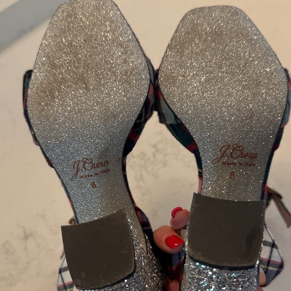 J. Crew Plaid Bow Heels, silver Glitter heel, size 8, 4”heel - Picture 8 of 10